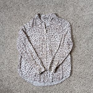 Lucky Brand Women's Sheer Button Up Leopard Animal Print In Cream And Tan M